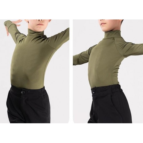 Boys kids black green grey latin dance shirts for children white turtle neck long sleeves waltz tango ballroom dancing tops for Boys